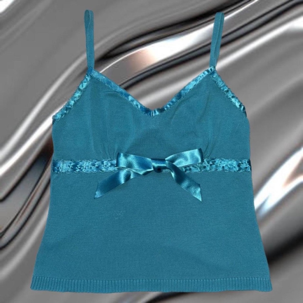 Vintage 2000s teal coquette silk ribbon tie Tank Top.